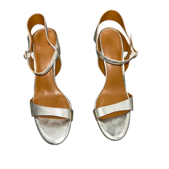 Halston Gold Sandal Heels Adjustable Ankle Strap Size 9M - Picture 2 of 7